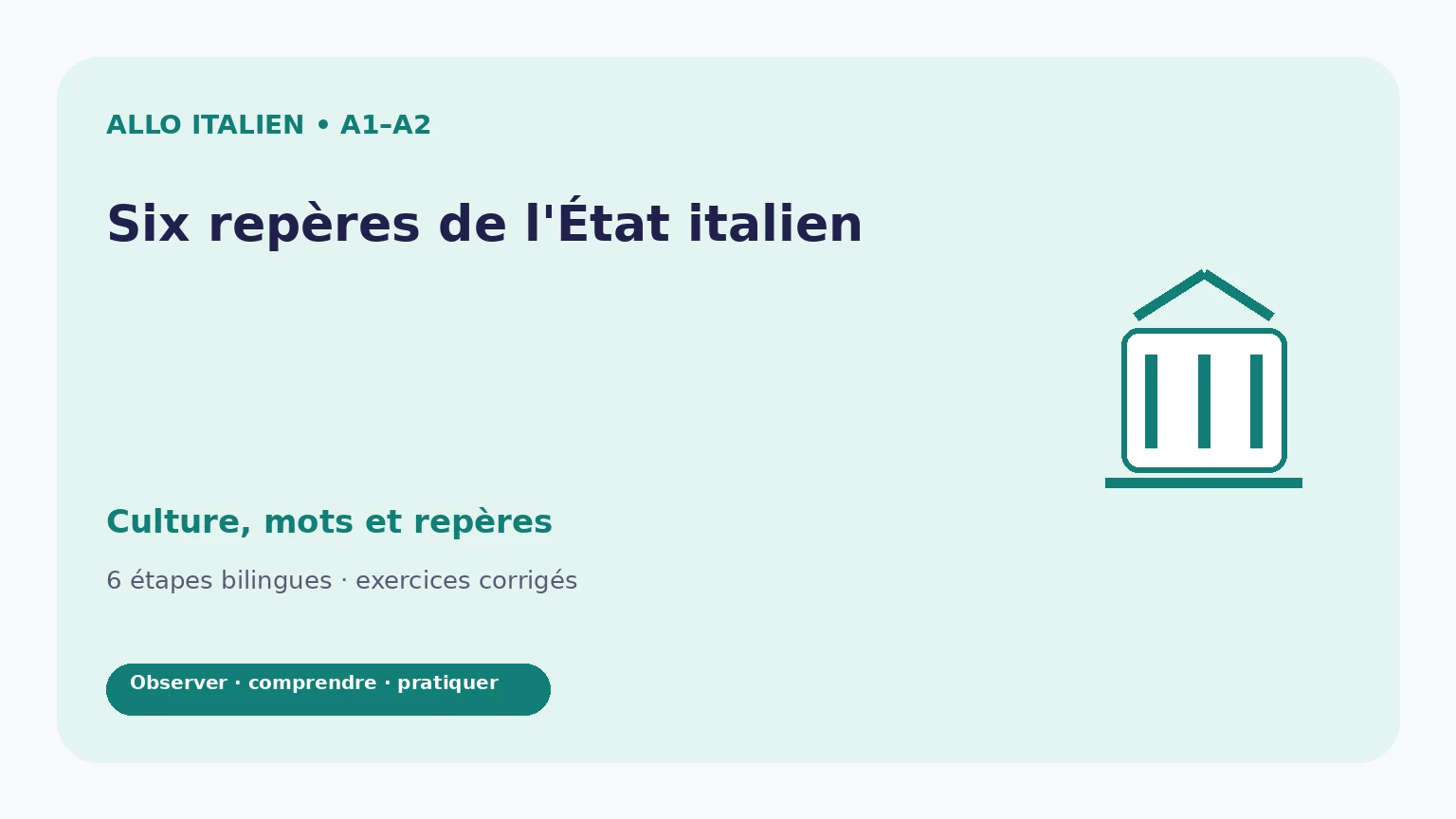 Pictogramme culturel symbolique et titre du parcours Six repères de l'État italien